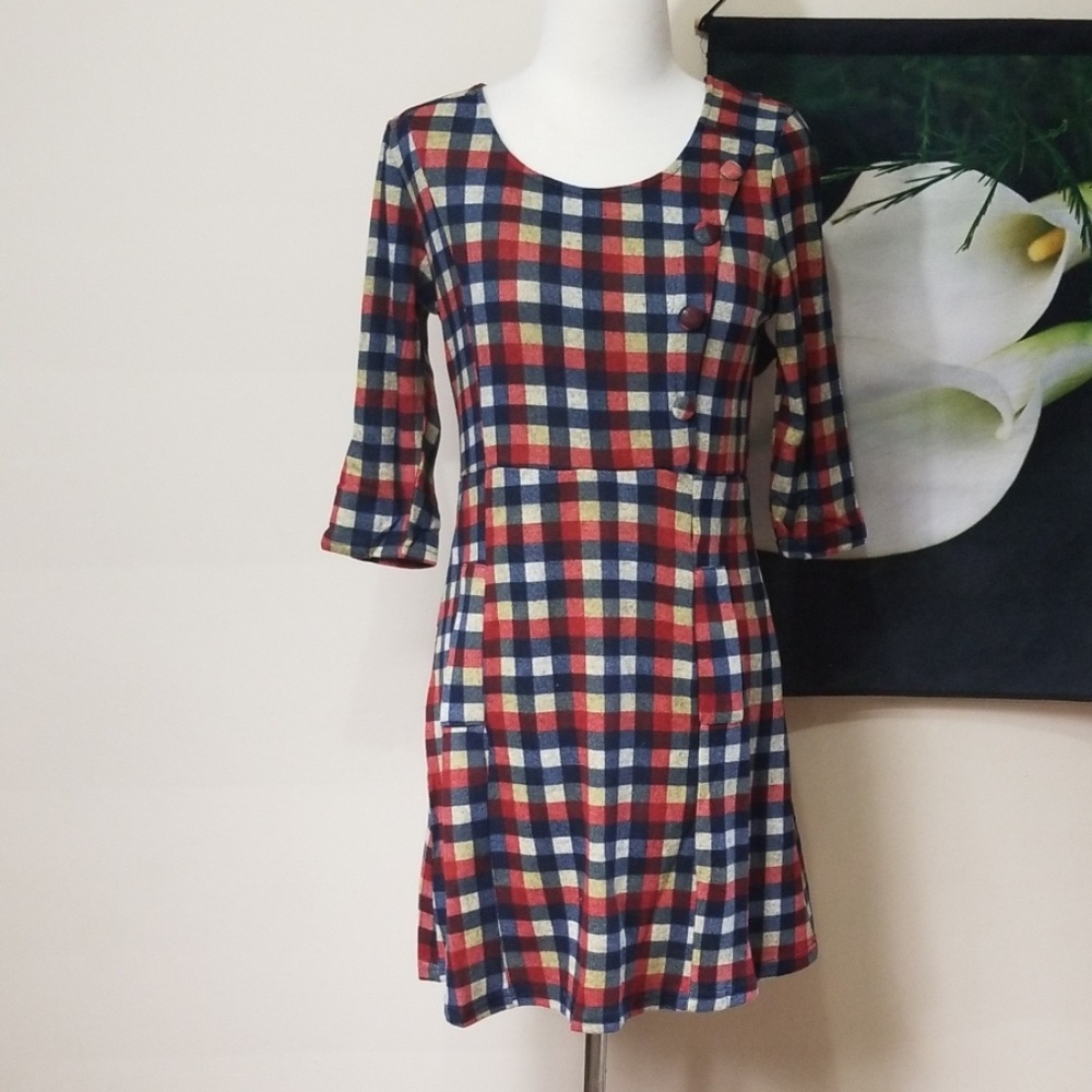 NWT Papillon Plaid 3/4 Length Sleeve Sweater Dress